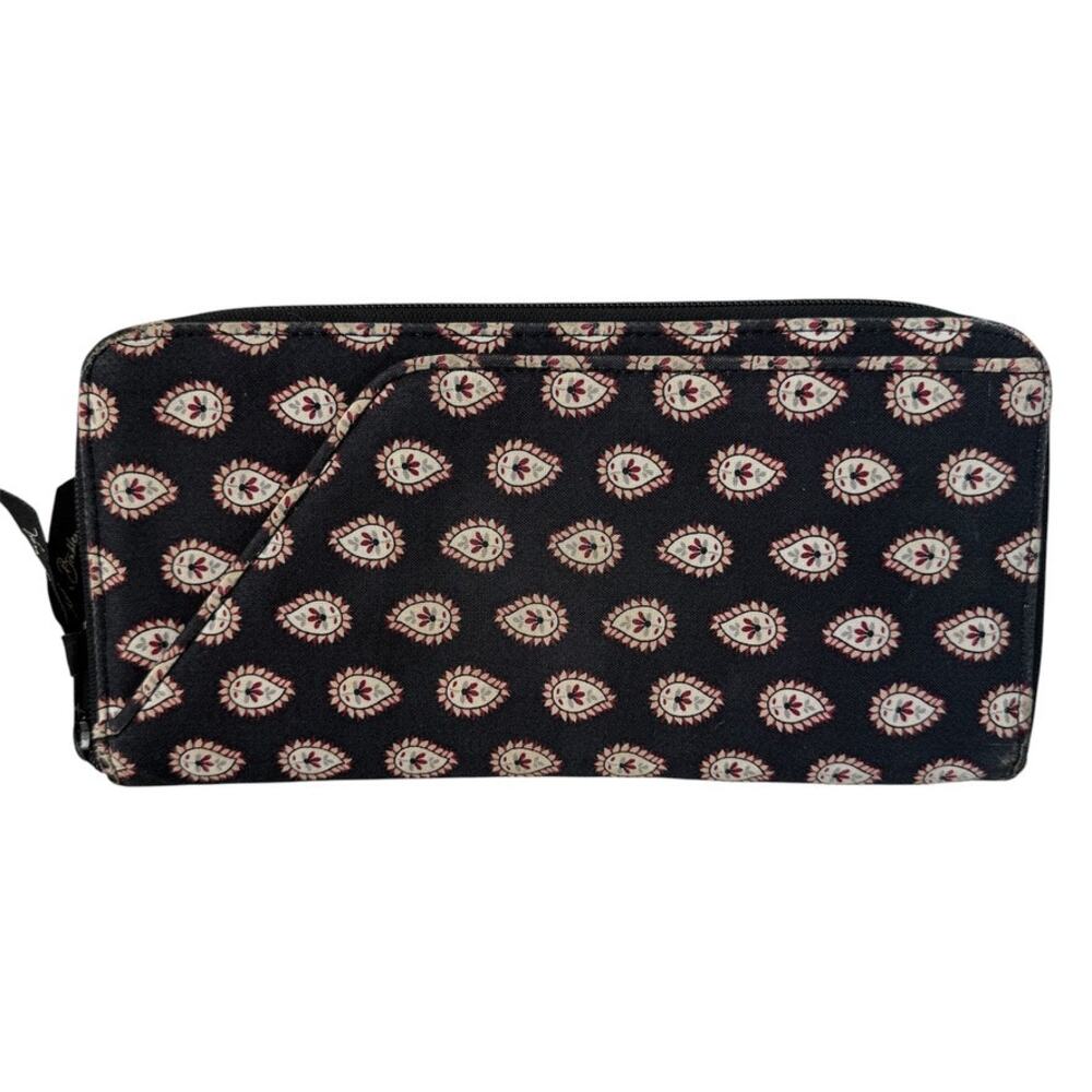 Vera Bradley Classic Black Large Zip Travel Organizer Passport Wallet With Wear